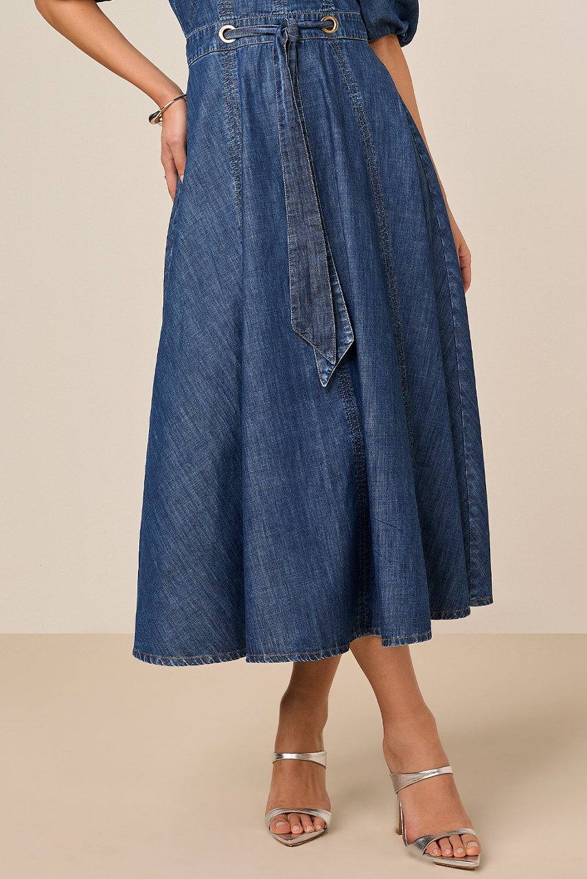 Vestido Godê Jeans Com Ilhós e Faixa Titanium Jeans