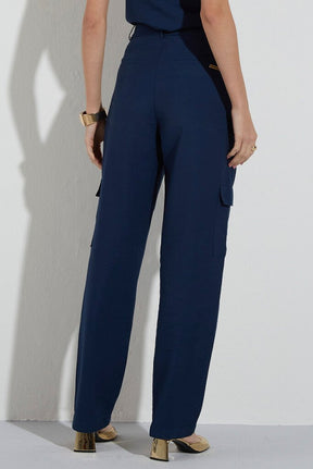 Calça Reta Alfaiataria Cós Alto Com Bolso Cargo Azul