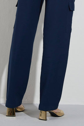 Calça Reta Alfaiataria Cós Alto Com Bolso Cargo Azul