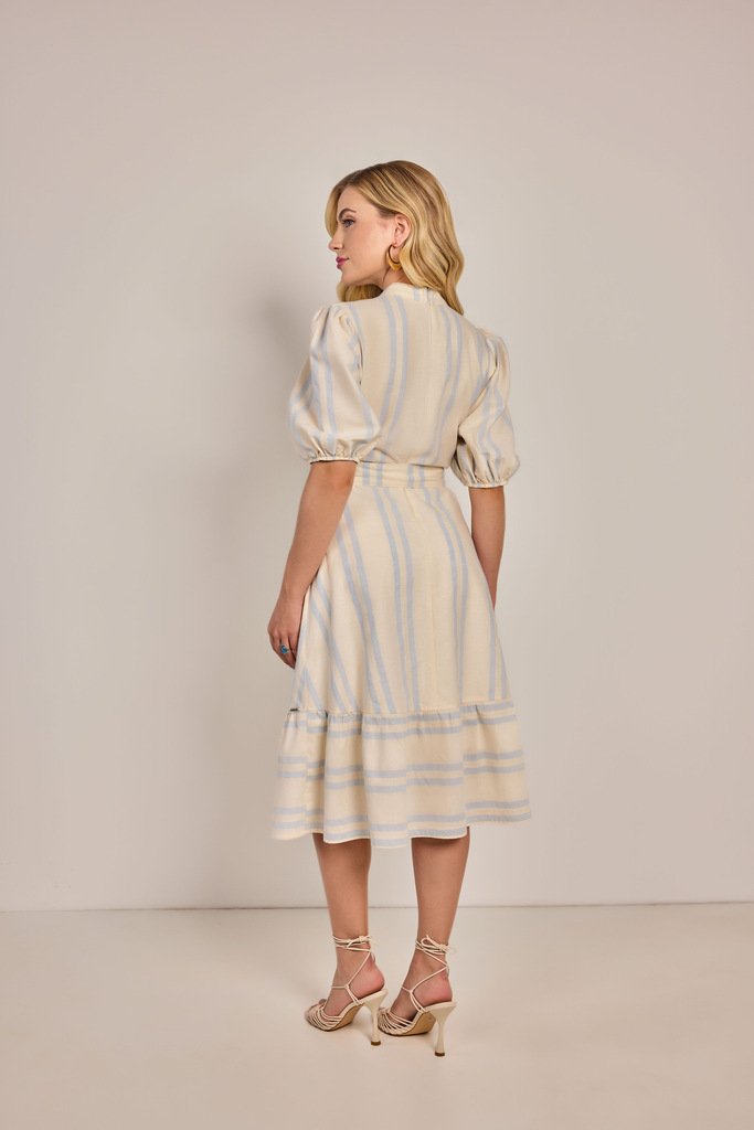 Vestido Evasê Linho Listrado - Rosa Jeans