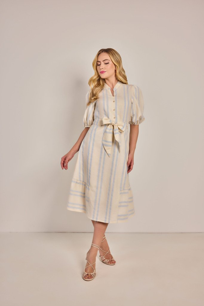 Vestido Evasê Linho Listrado - Rosa Jeans