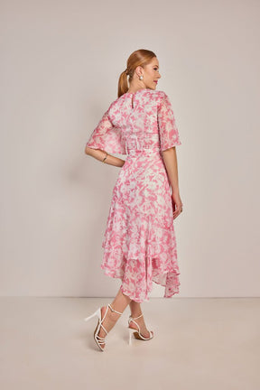 Vestido Evasê Estampado Com Recorte Assimétrico - Rosa Jeans