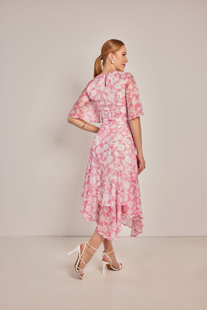 Vestido Evasê Estampado Com Recorte Assimétrico - Rosa Jeans