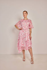 Vestido Evasê Estampado Com Recorte Assimétrico - Rosa Jeans