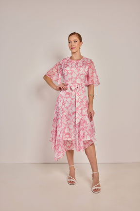Vestido Evasê Estampado Com Recorte Assimétrico - Rosa Jeans