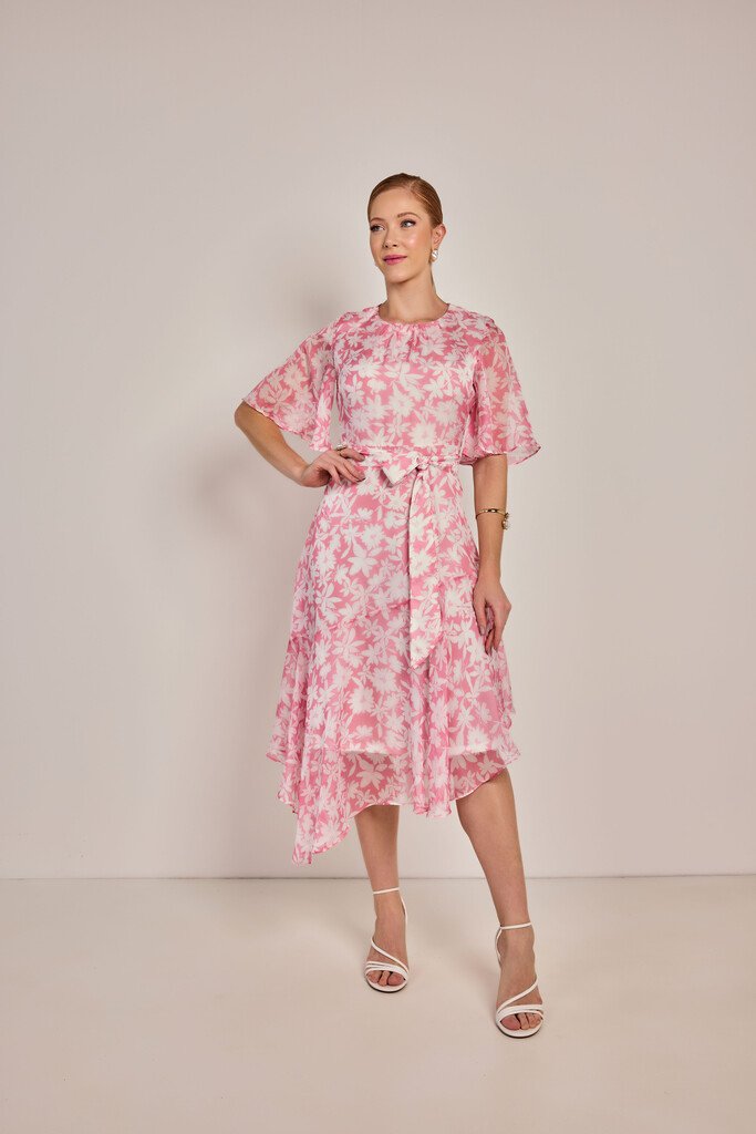 Vestido Evasê Estampado Com Recorte Assimétrico - Rosa Jeans
