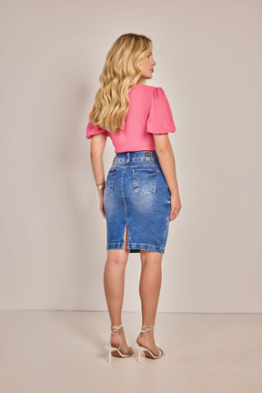 Saia Tradicional Jeans Com Tachas - Rosa Jeans