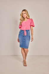 Saia Tradicional Jeans Com Tachas - Rosa Jeans