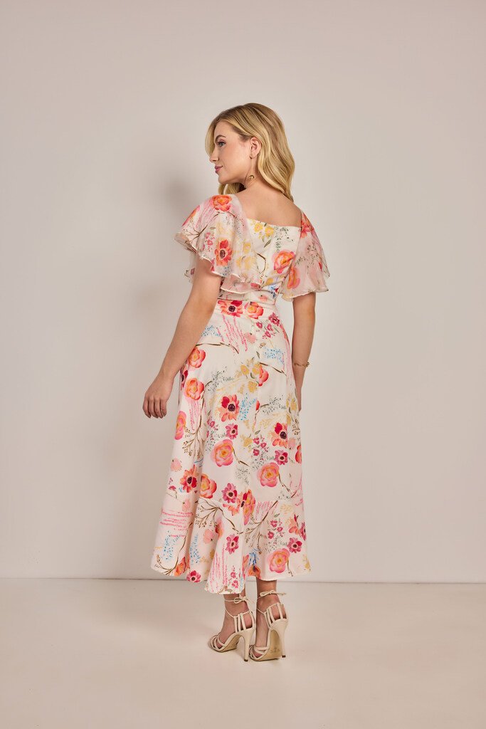 Vestido Evasê Chiffon Estampado - Rosa Jeans