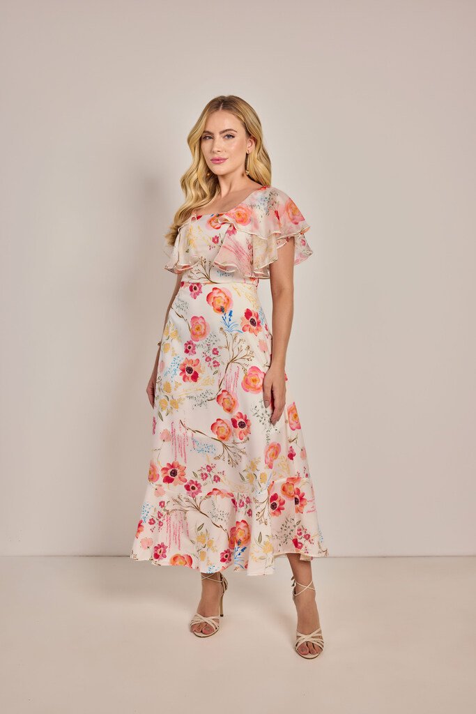Vestido Evasê Chiffon Estampado - Rosa Jeans