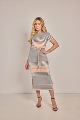 Vestido Reto Malha Listrado - Rosa Jeans