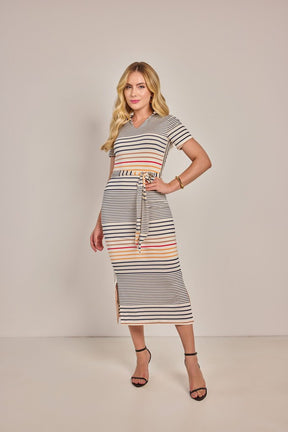 Vestido Reto Malha Listrado - Rosa Jeans