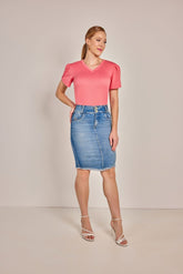 Saia Tradicional Jeans 2 Botões - Rosa Jeans
