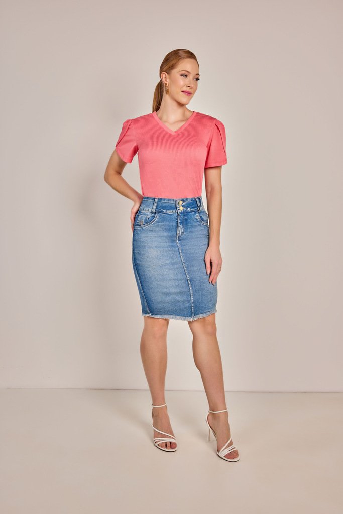 Saia Tradicional Jeans 2 Botões - Rosa Jeans
