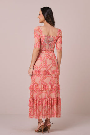 Vestido Bege Maxi Midi no Tule Estampado Aurora
