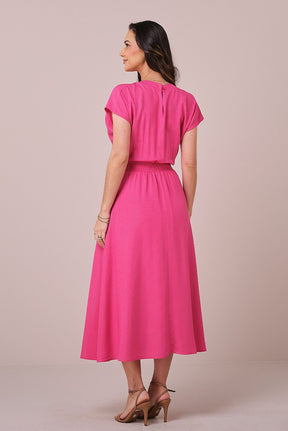 Vestido Pink Maxi Midi no Viscolinho Franzido no Busto