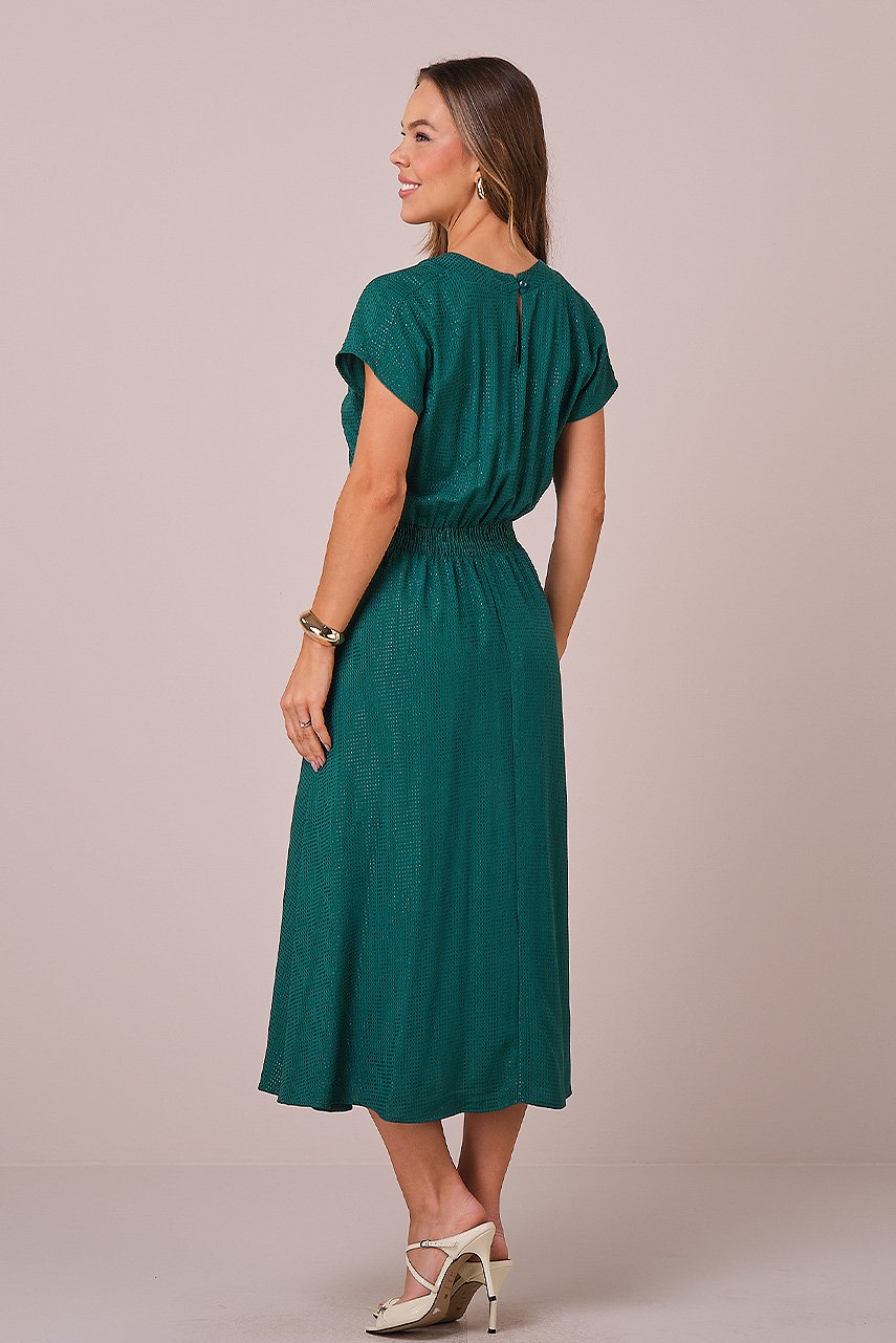Vestido Verde Maxi Midi no Viscolinho Franzido no Busto