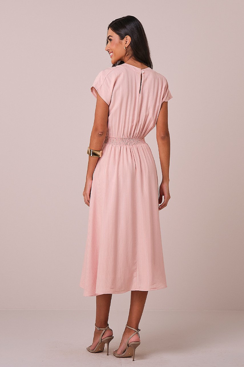Vestido Rosa Maxi Midi no Viscolinho Franzido no Busto