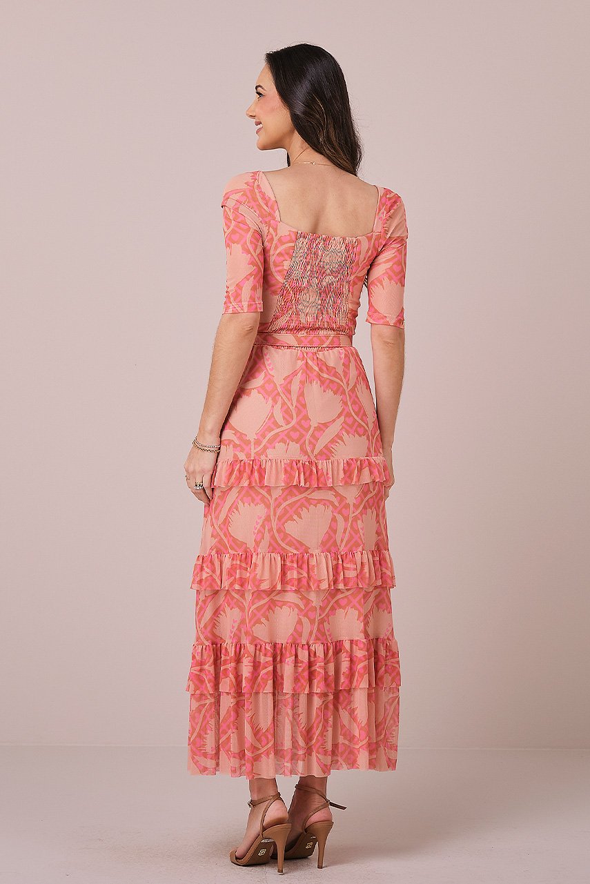 Vestido Bege Maxi Midi no Tule Estampado Aurora