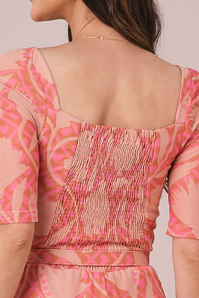 Vestido Bege Maxi Midi no Tule Estampado Aurora