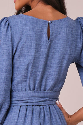 Vestido Azul Maxi Midi no Crepe com Mangas Bordadas
