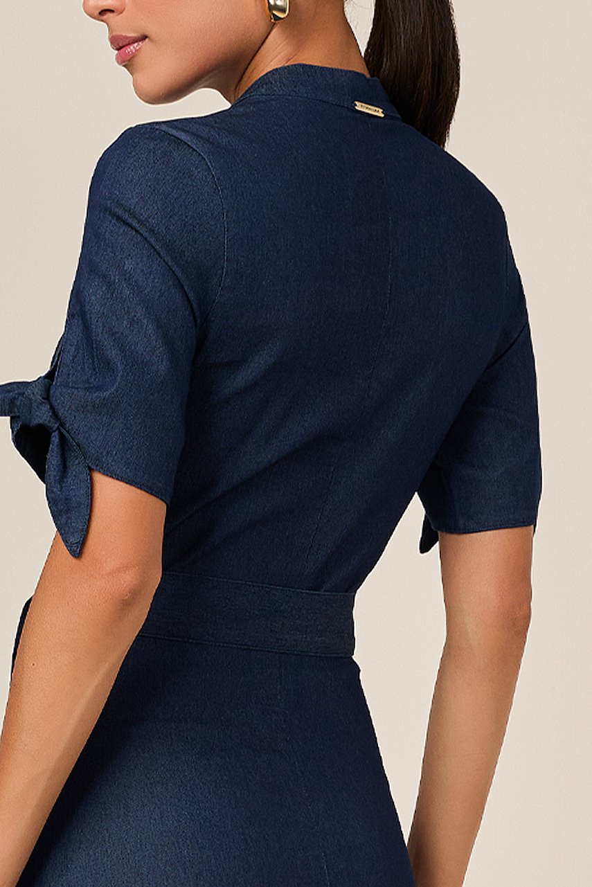Vestido Mídi Jeans Bordado Com Faixa Titanium Jeans