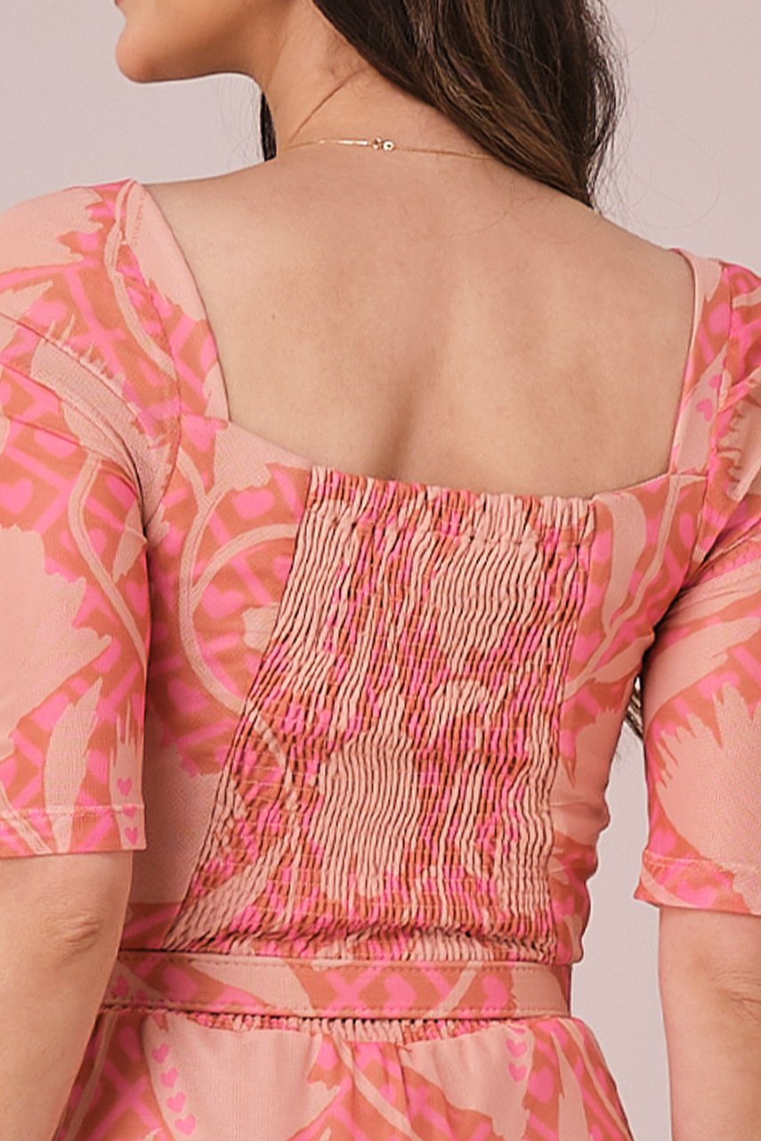 Vestido Bege Maxi Midi no Tule Estampado Aurora
