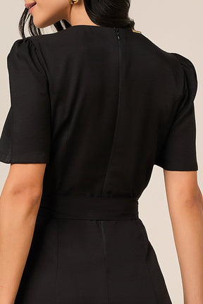 Vestido Mídi Godê Alfaiataria de Viscose Preto Com Faixa Titanium Jeans