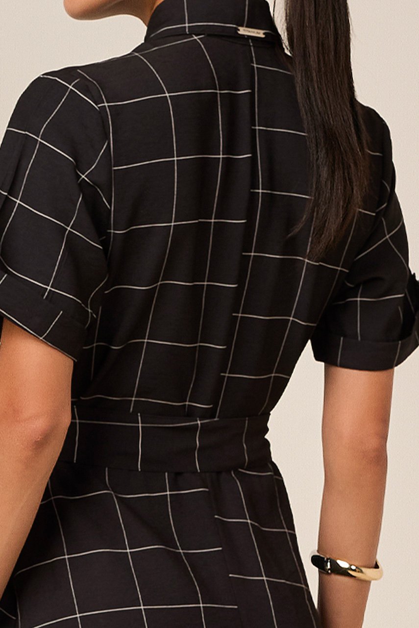 Chemise Preto Mídi Alfaiataria Com Viscose Xadrez Com Faixa Titanium Jeans