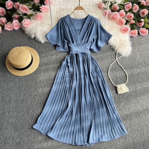 Vestido Aurora Midi Plissado com Manga - Rosa