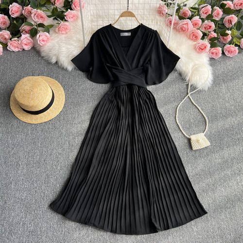 Vestido Aurora Midi Plissado com Manga - Rosa
