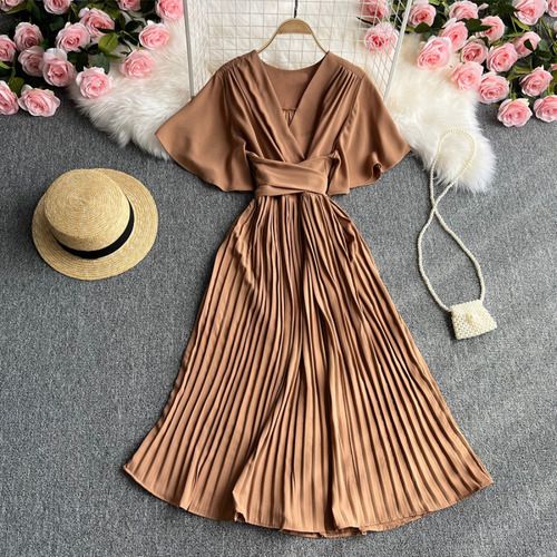 Vestido Aurora Midi Plissado com Manga - Rosa