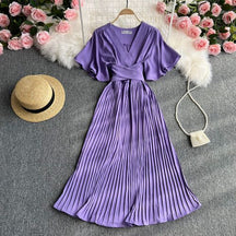 Vestido Aurora Midi Plissado com Manga
