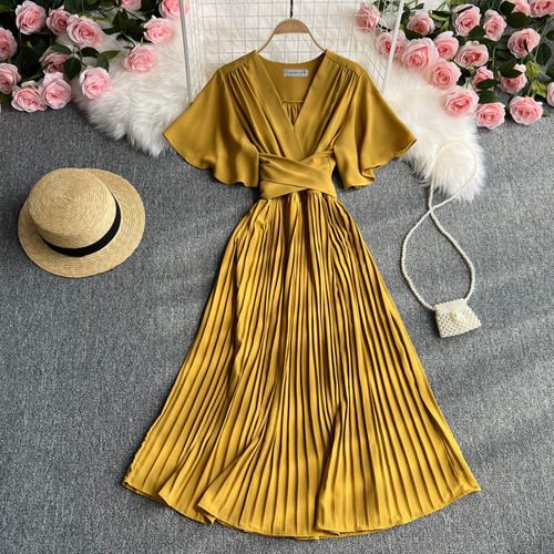 Vestido Aurora Midi Plissado com Manga - Rosa