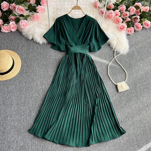 Vestido Aurora Midi Plissado com Manga - Rosa