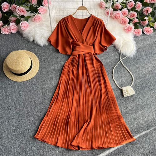Vestido Aurora Midi Plissado com Manga - Rosa