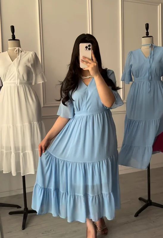 Vestido Bela Encanto Midi em Chiffon com Babados