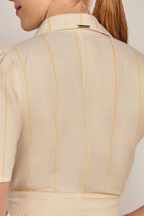 Chemise Semi Evasê Linho Listrado - Rosa Jeans