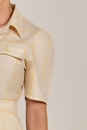 Chemise Semi Evasê Linho Listrado - Rosa Jeans