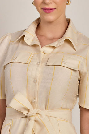 Chemise Semi Evasê Linho Listrado - Rosa Jeans
