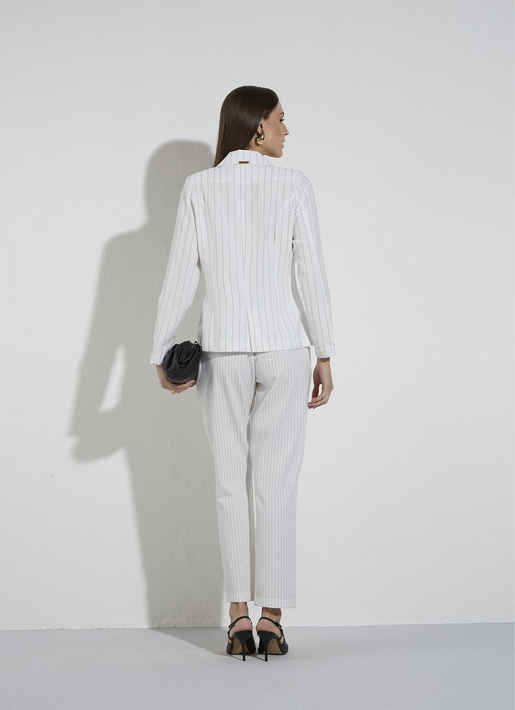 Calça Slim Listrada Off White/preto