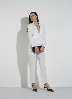 Calça Slim Listrada Off White/preto