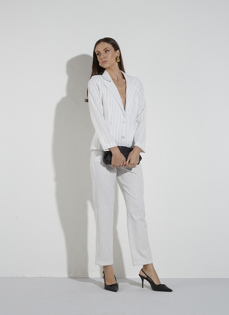 Calça Slim Listrada Off White/preto