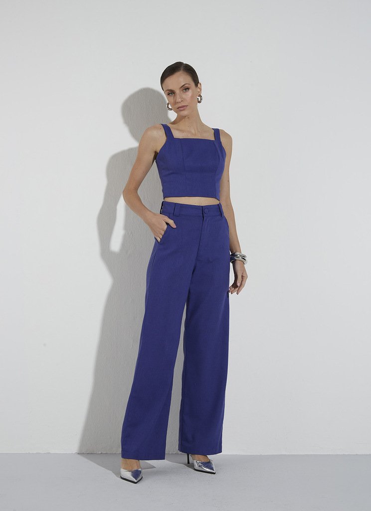 Calça Linho Wide Leg Azul Royal