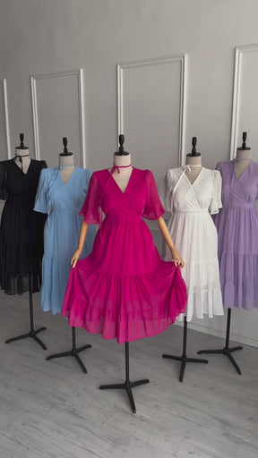 Vestido Bela Encanto Midi em Chiffon com Babados