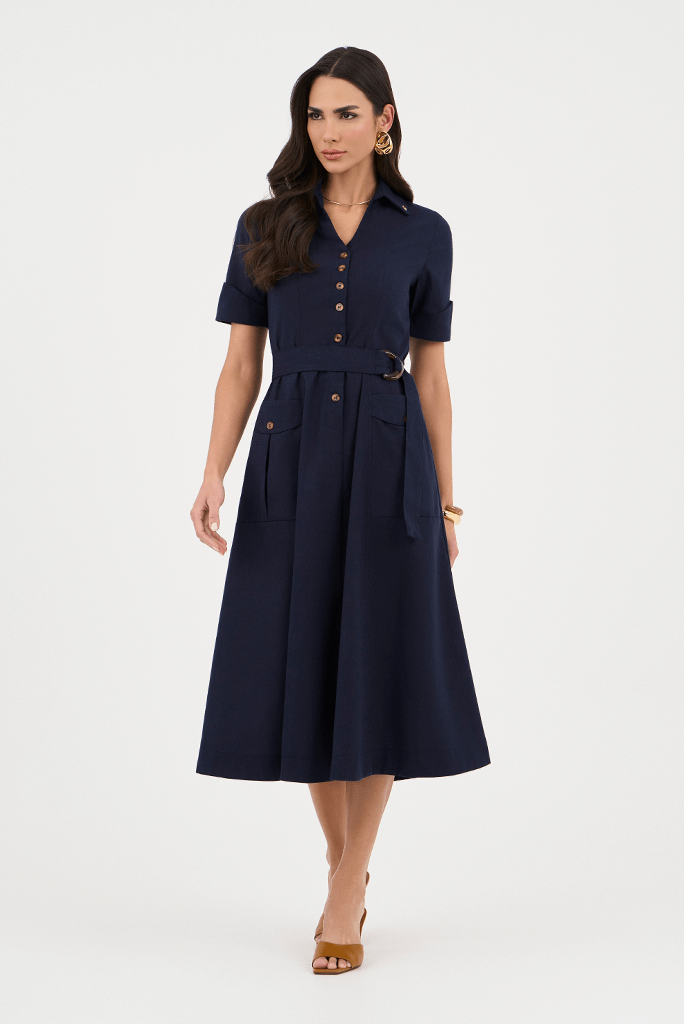 Vestido Azul Marinho Em Linho Godê Bolso Cargo