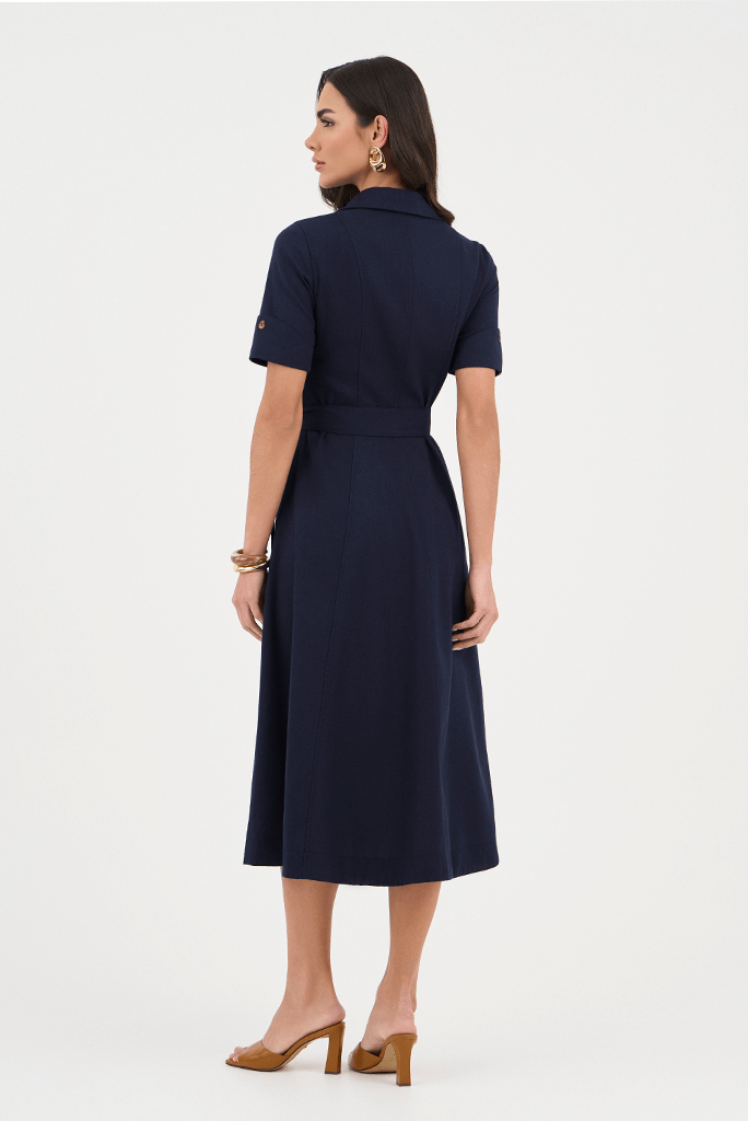 Vestido Azul Marinho Em Linho Godê Bolso Cargo