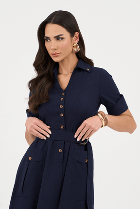 Vestido Azul Marinho Em Linho Godê Bolso Cargo