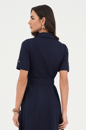 Vestido Azul Marinho Em Linho Godê Bolso Cargo