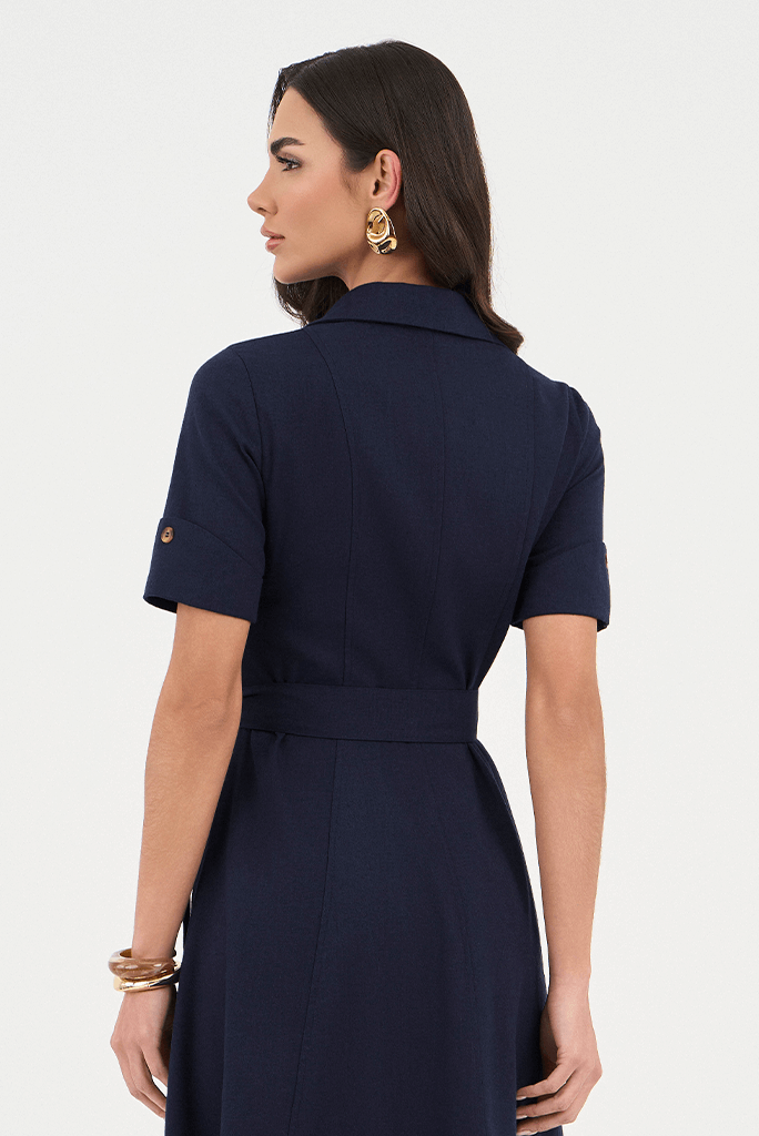 Vestido Azul Marinho Em Linho Godê Bolso Cargo